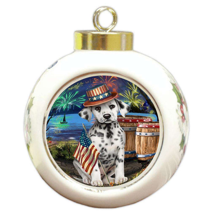 4th of July Independence Day Fireworks Dalmatian Dog at the Lake Round Ball Christmas Ornament RBPOR50967
