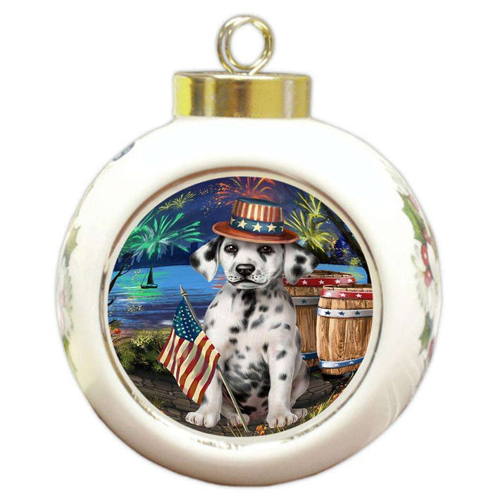 4th of July Independence Day Fireworks Dalmatian Dog at the Lake Round Ball Christmas Ornament RBPOR50969