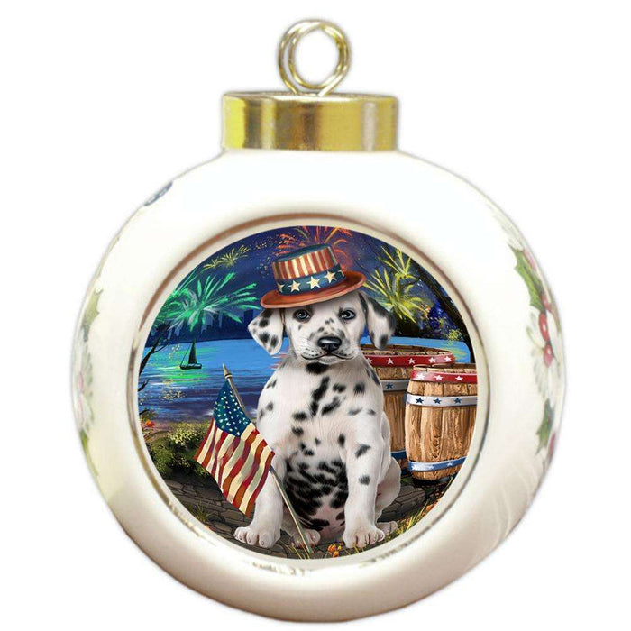 4th of July Independence Day Fireworks Dalmatian Dog at the Lake Round Ball Christmas Ornament RBPOR50970