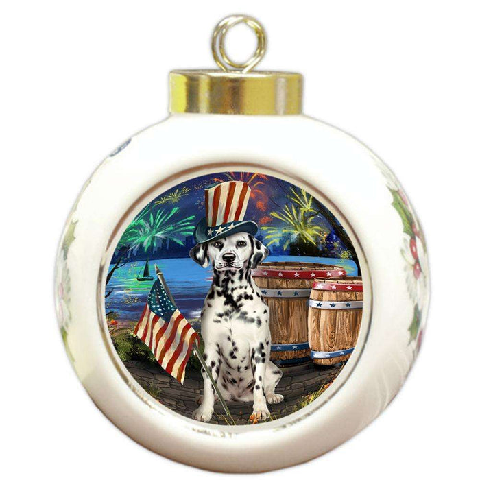 4th of July Independence Day Fireworks Dalmatian Dog at the Lake Round Ball Christmas Ornament RBPOR50971