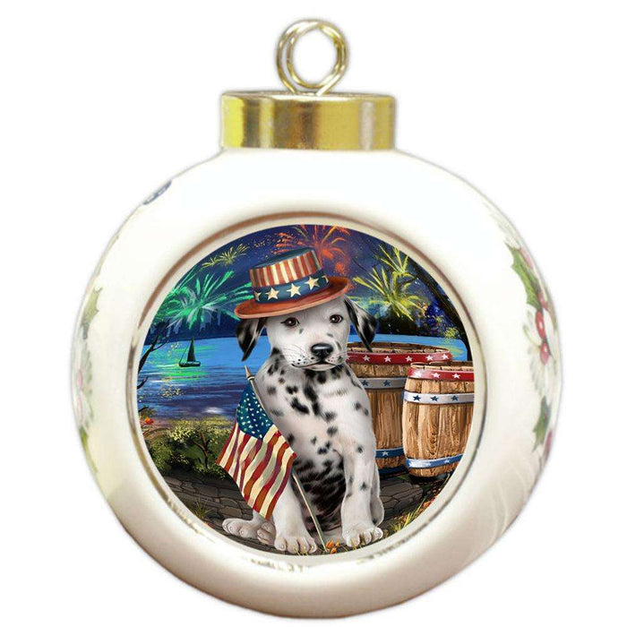 4th of July Independence Day Fireworks Dalmatian Dog at the Lake Round Ball Christmas Ornament RBPOR51144