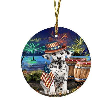 4th of July Independence Day Fireworks Dalmatian Dog at the Lake Round Flat Christmas Ornament RFPOR50958
