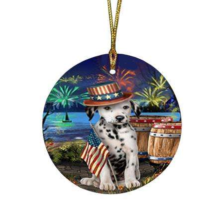 4th of July Independence Day Fireworks Dalmatian Dog at the Lake Round Flat Christmas Ornament RFPOR50959