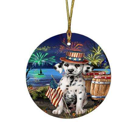 4th of July Independence Day Fireworks Dalmatian Dog at the Lake Round Flat Christmas Ornament RFPOR50960