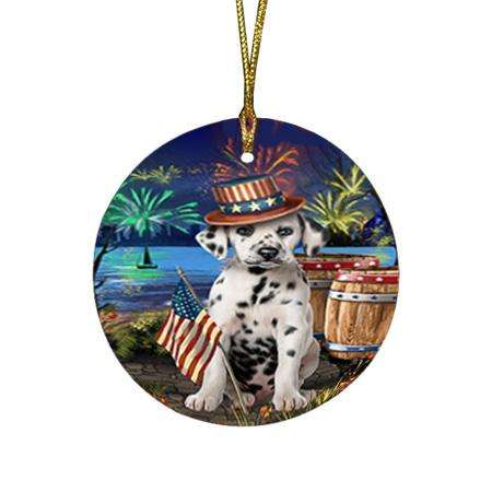 4th of July Independence Day Fireworks Dalmatian Dog at the Lake Round Flat Christmas Ornament RFPOR50961