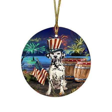 4th of July Independence Day Fireworks Dalmatian Dog at the Lake Round Flat Christmas Ornament RFPOR50962