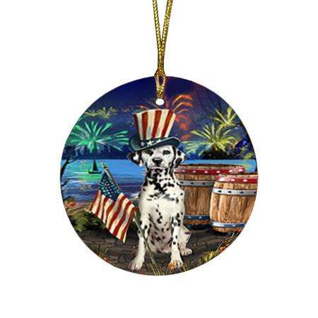 4th of July Independence Day Fireworks Dalmatian Dog at the Lake Round Flat Christmas Ornament RFPOR51138