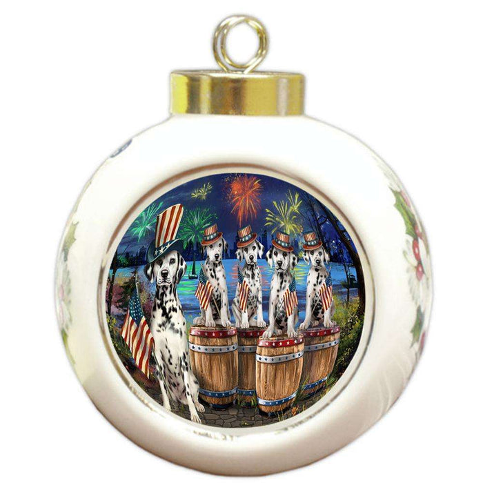4th of July Independence Day Fireworks Dalmatians at the Lake Round Ball Christmas Ornament RBPOR51032