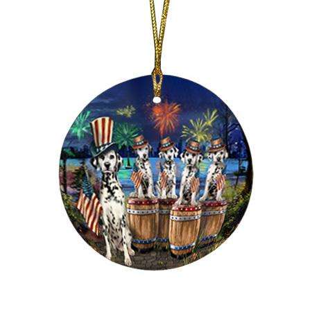 4th of July Independence Day Fireworks Dalmatians at the Lake Round Flat Christmas Ornament RFPOR51023
