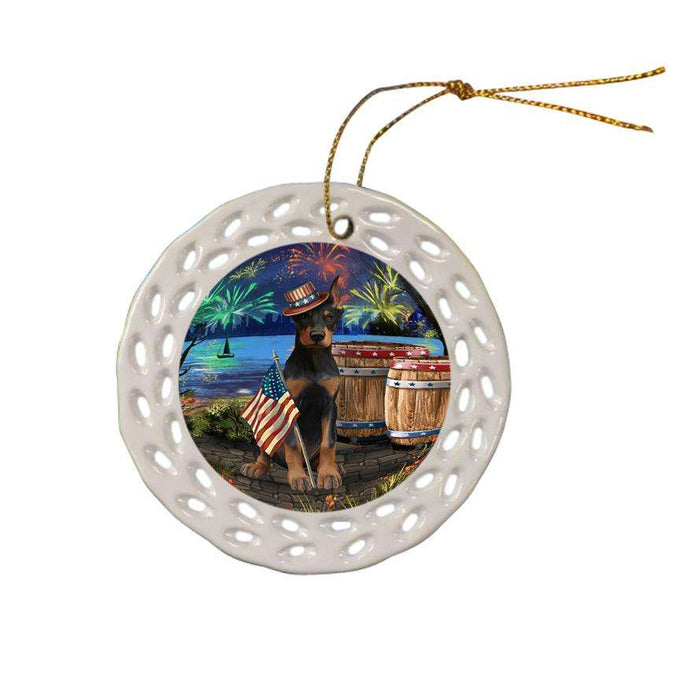 4th of July Independence Day Fireworks Doberman Pinscher Dog at the Lake Ceramic Doily Ornament DPOR51150
