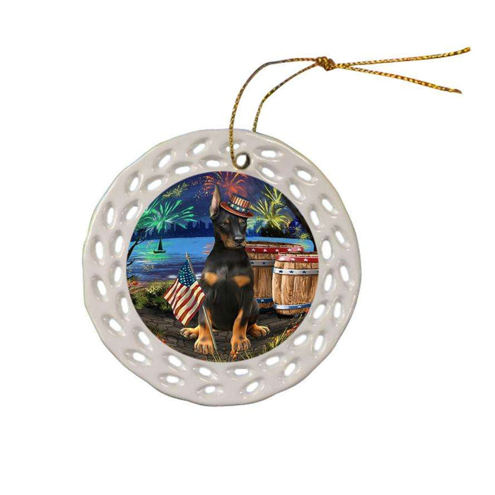 4th of July Independence Day Fireworks Doberman Pinscher Dog at the Lake Ceramic Doily Ornament DPOR51151