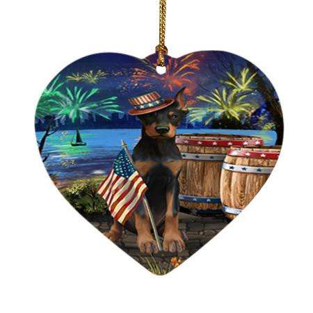 4th of July Independence Day Fireworks Doberman Pinscher Dog at the Lake Heart Christmas Ornament HPOR51150