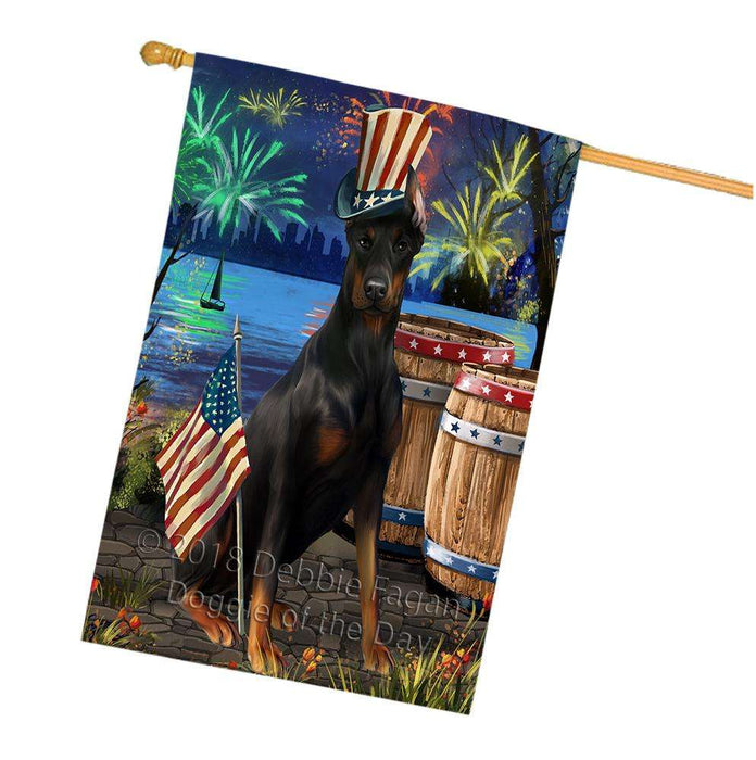 4th of July Independence Day Fireworks Doberman Pinscher Dog at the Lake House Flag FLG51206