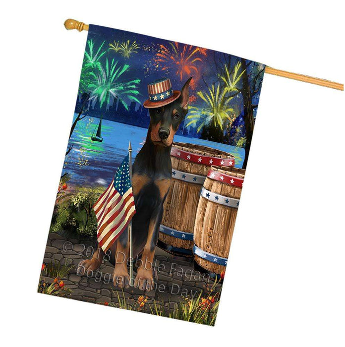 4th of July Independence Day Fireworks Doberman Pinscher Dog at the Lake House Flag FLG51208
