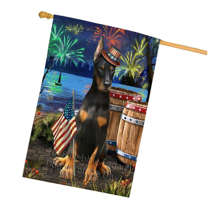 4th of July Independence Day Fireworks Doberman Pinscher Dog at the Lake House Flag FLG51209