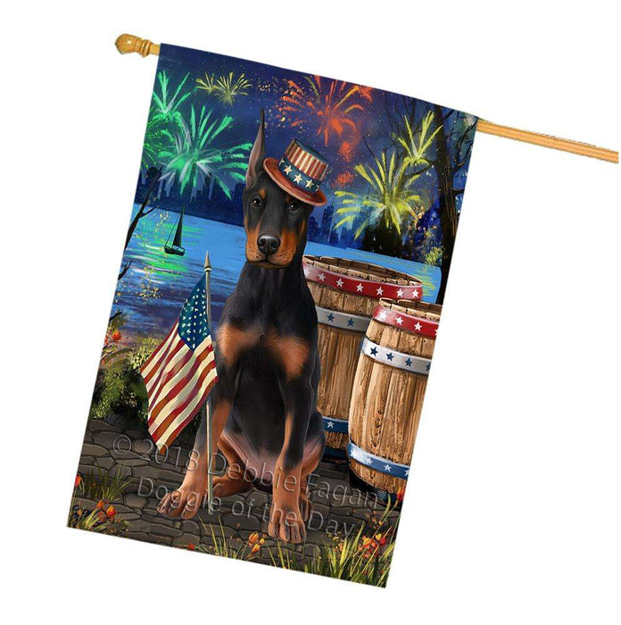 4th of July Independence Day Fireworks Doberman Pinscher Dog at the Lake House Flag FLG51210