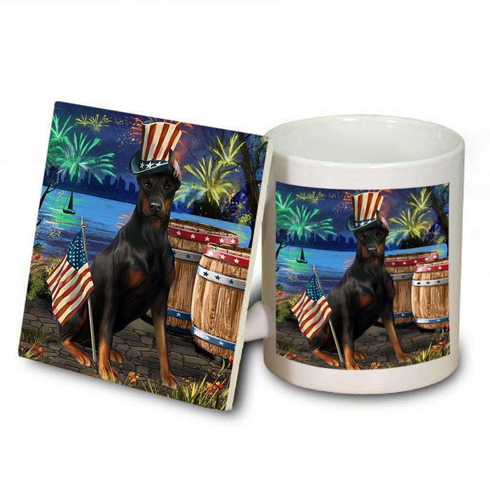 4th of July Independence Day Fireworks Doberman Pinscher Dog at the Lake Mug and Coaster Set MUC51140