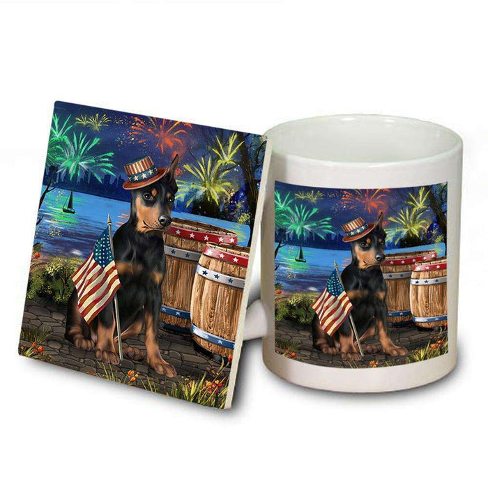 4th of July Independence Day Fireworks Doberman Pinscher Dog at the Lake Mug and Coaster Set MUC51141