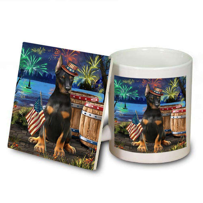 4th of July Independence Day Fireworks Doberman Pinscher Dog at the Lake Mug and Coaster Set MUC51143