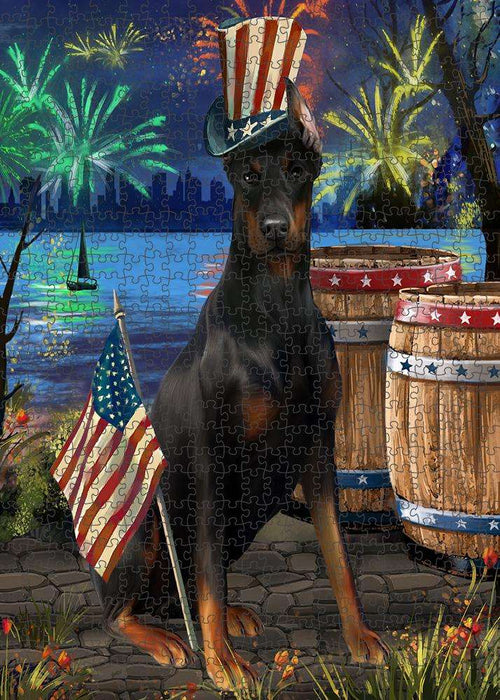 4th of July Independence Day Fireworks Doberman Pinscher Dog at the Lake Puzzle with Photo Tin PUZL57306