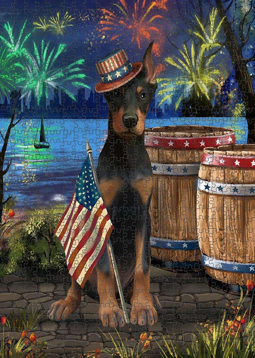 4th of July Independence Day Fireworks Doberman Pinscher Dog at the Lake Puzzle with Photo Tin PUZL57312