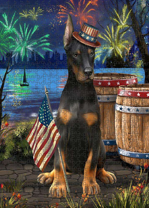 4th of July Independence Day Fireworks Doberman Pinscher Dog at the Lake Puzzle with Photo Tin PUZL57315