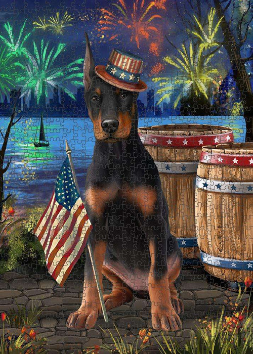 4th of July Independence Day Fireworks Doberman Pinscher Dog at the Lake Puzzle with Photo Tin PUZL57318