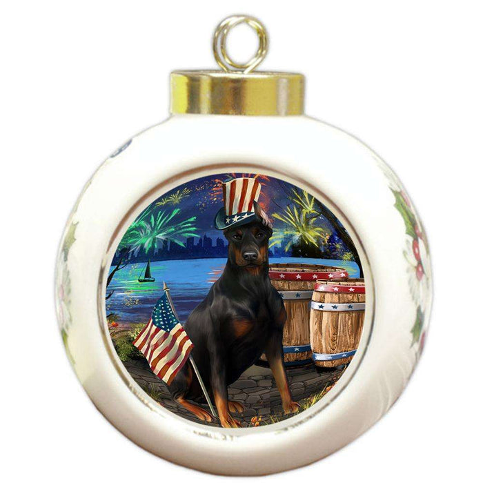 4th of July Independence Day Fireworks Doberman Pinscher Dog at the Lake Round Ball Christmas Ornament RBPOR51148