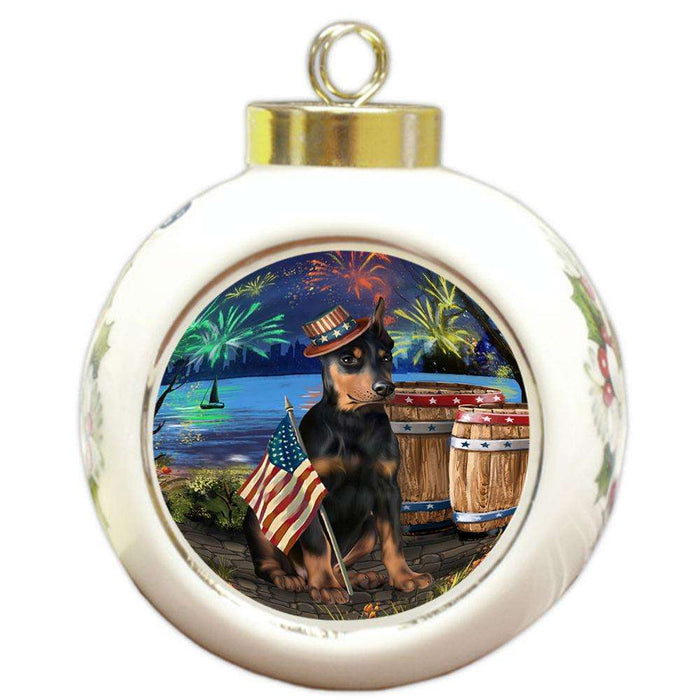 4th of July Independence Day Fireworks Doberman Pinscher Dog at the Lake Round Ball Christmas Ornament RBPOR51149
