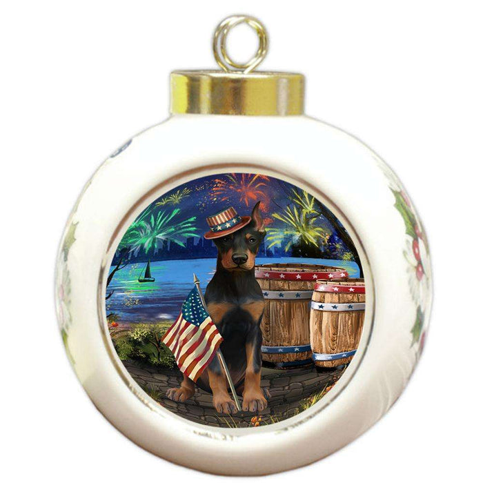 4th of July Independence Day Fireworks Doberman Pinscher Dog at the Lake Round Ball Christmas Ornament RBPOR51150