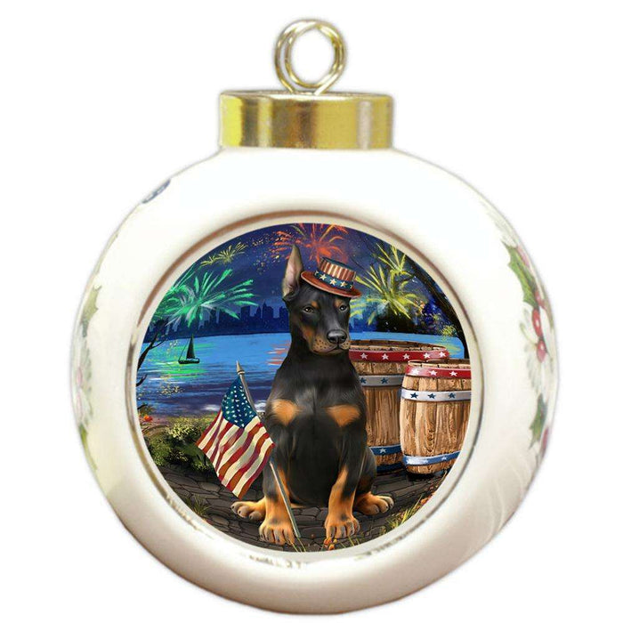 4th of July Independence Day Fireworks Doberman Pinscher Dog at the Lake Round Ball Christmas Ornament RBPOR51151