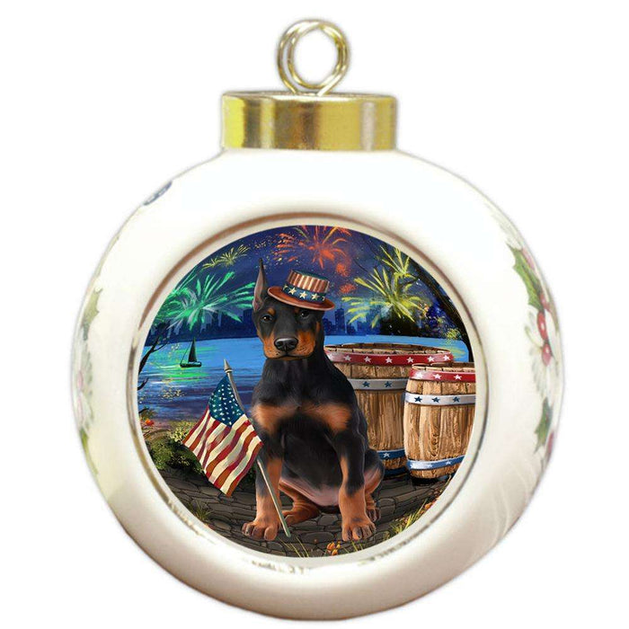 4th of July Independence Day Fireworks Doberman Pinscher Dog at the Lake Round Ball Christmas Ornament RBPOR51152