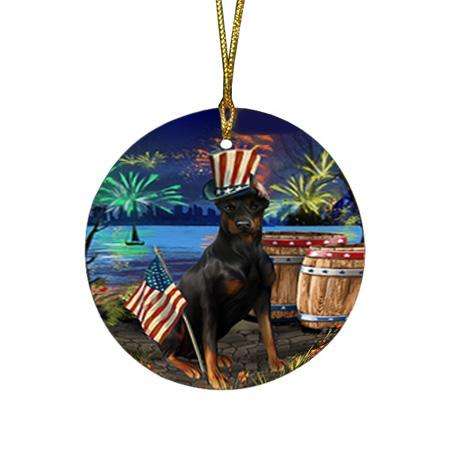 4th of July Independence Day Fireworks Doberman Pinscher Dog at the Lake Round Flat Christmas Ornament RFPOR51139