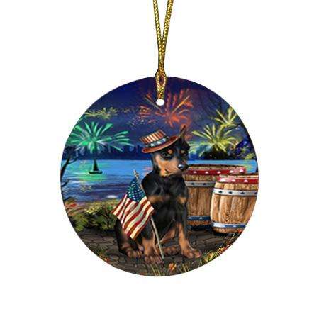 4th of July Independence Day Fireworks Doberman Pinscher Dog at the Lake Round Flat Christmas Ornament RFPOR51140