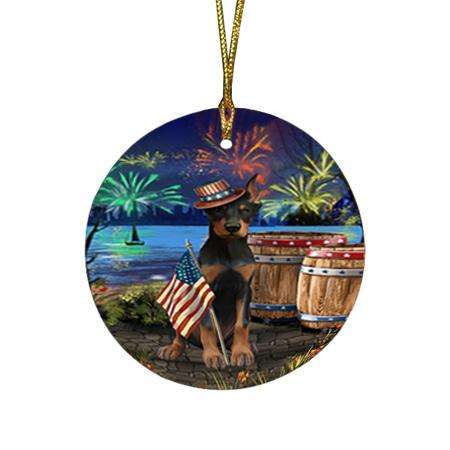 4th of July Independence Day Fireworks Doberman Pinscher Dog at the Lake Round Flat Christmas Ornament RFPOR51141