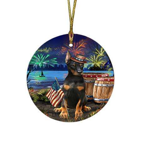 4th of July Independence Day Fireworks Doberman Pinscher Dog at the Lake Round Flat Christmas Ornament RFPOR51142