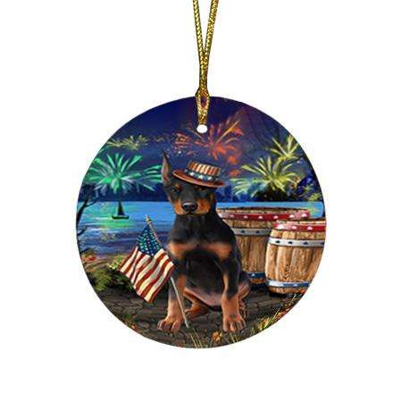 4th of July Independence Day Fireworks Doberman Pinscher Dog at the Lake Round Flat Christmas Ornament RFPOR51143