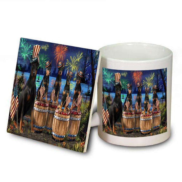 4th of July Independence Day Fireworks Doberman Pinschers at the Lake Mug and Coaster Set MUC51025