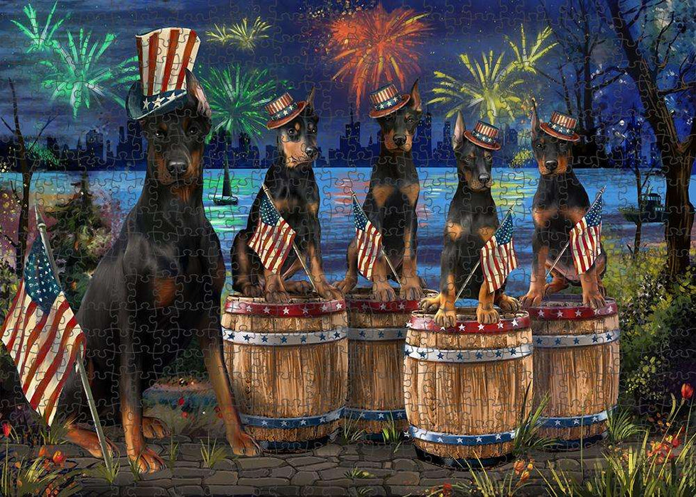 4th of July Independence Day Fireworks Doberman Pinschers at the Lake Puzzle with Photo Tin PUZL56961