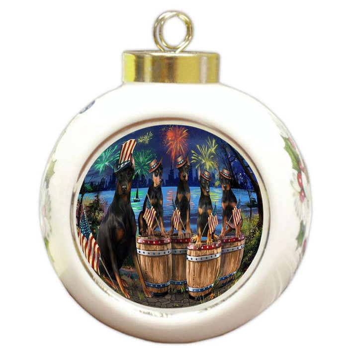 4th of July Independence Day Fireworks Doberman Pinschers at the Lake Round Ball Christmas Ornament RBPOR51033