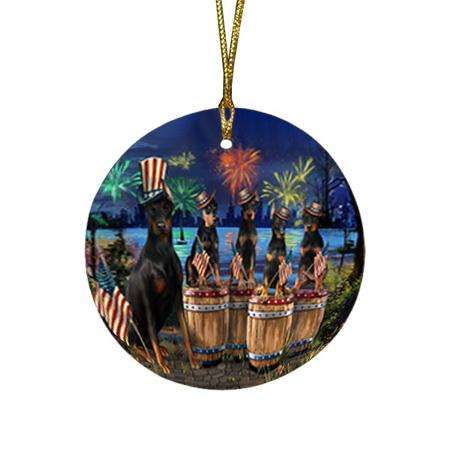 4th of July Independence Day Fireworks Doberman Pinschers at the Lake Round Flat Christmas Ornament RFPOR51024