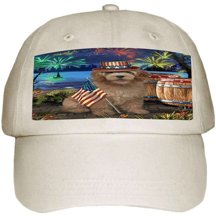 4th of July Independence Day Fireworks Goldendoodle Dog at the Lake Ball Hat Cap HAT57195