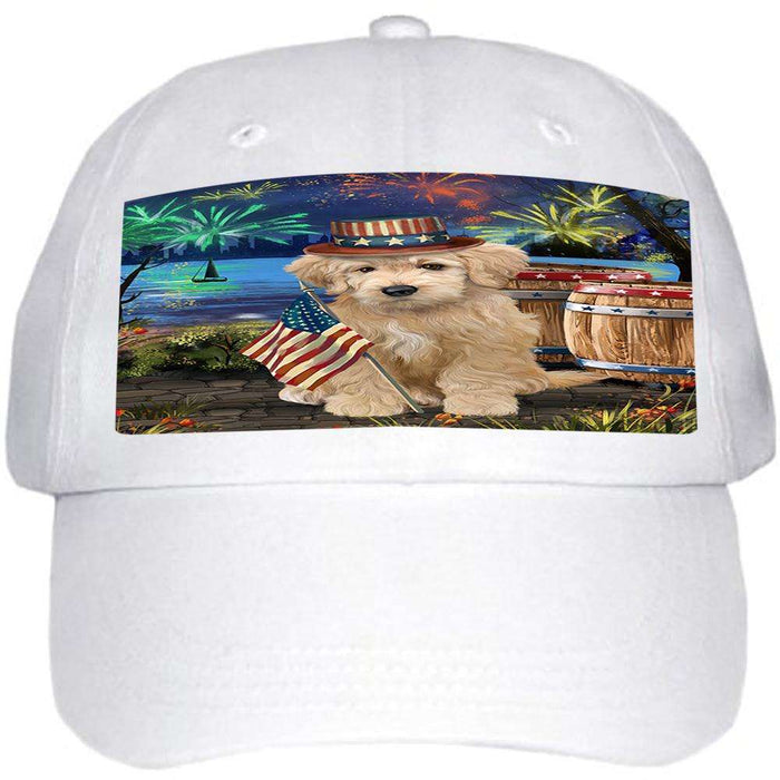 4th of July Independence Day Fireworks Goldendoodle Dog at the Lake Ball Hat Cap HAT57198