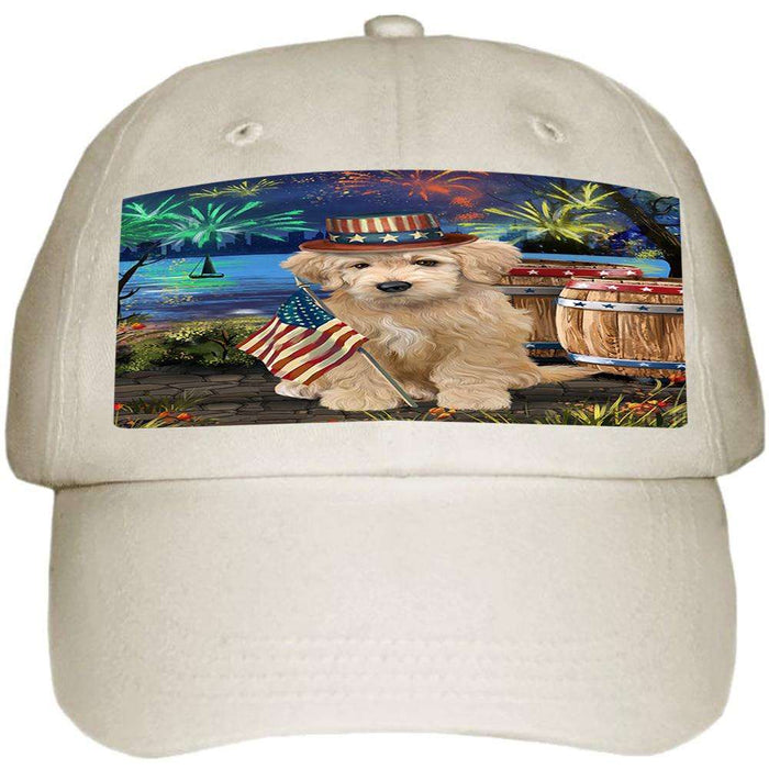 4th of July Independence Day Fireworks Goldendoodle Dog at the Lake Ball Hat Cap HAT57198