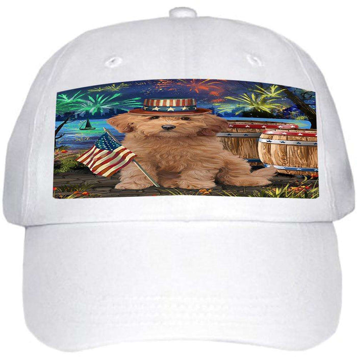 4th of July Independence Day Fireworks Goldendoodle Dog at the Lake Ball Hat Cap HAT57201