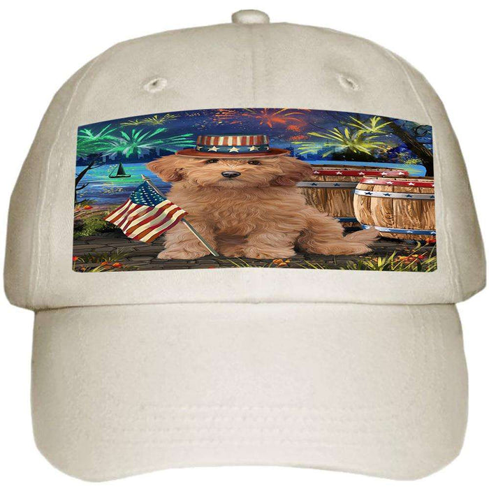 4th of July Independence Day Fireworks Goldendoodle Dog at the Lake Ball Hat Cap HAT57201