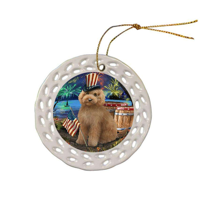 4th of July Independence Day Fireworks Goldendoodle Dog at the Lake Ceramic Doily Ornament DPOR51153