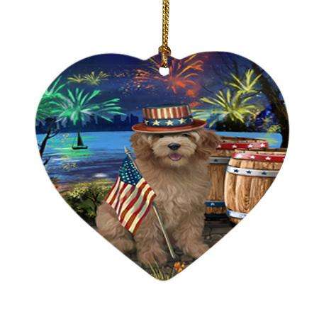 4th of July Independence Day Fireworks Goldendoodle Dog at the Lake Heart Christmas Ornament HPOR51154