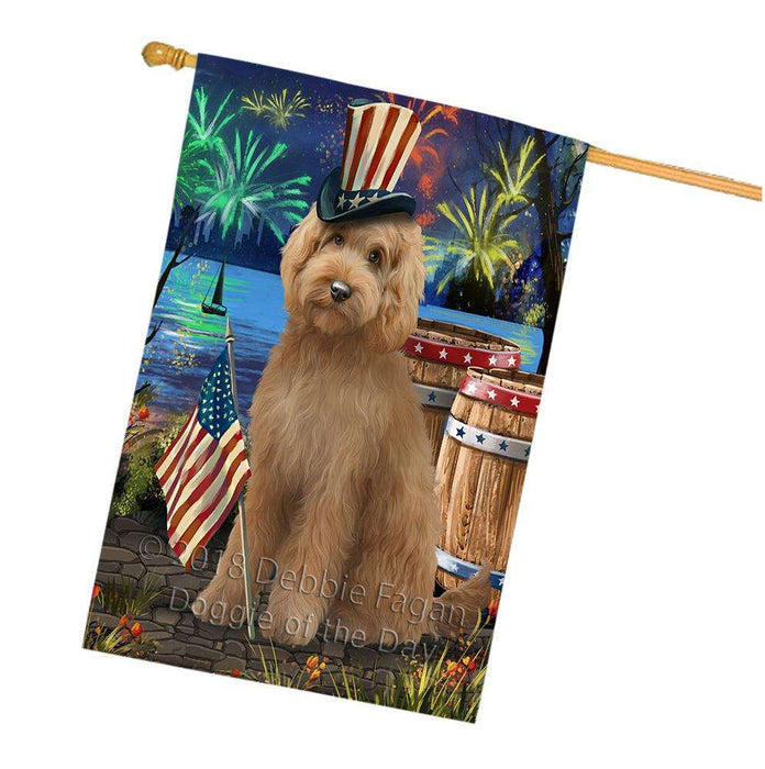 4th of July Independence Day Fireworks Goldendoodle Dog at the Lake House Flag FLG51211