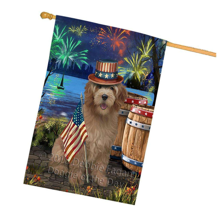 4th of July Independence Day Fireworks Goldendoodle Dog at the Lake House Flag FLG51212